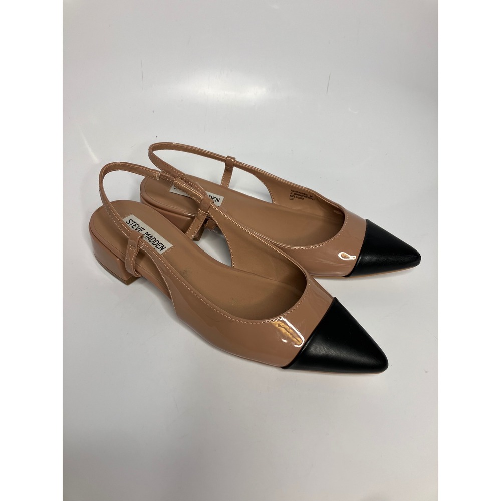 Steve Madden Allure Slingback Pump Womens 8M Tan Black Fair Cap Toe Block Heel